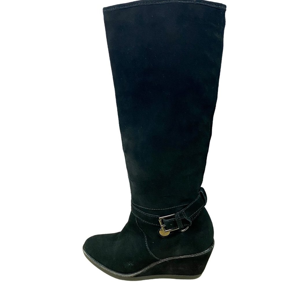 COACH Candid Black Suede Leather Knee high Wedge Boots Buckle Size 9B